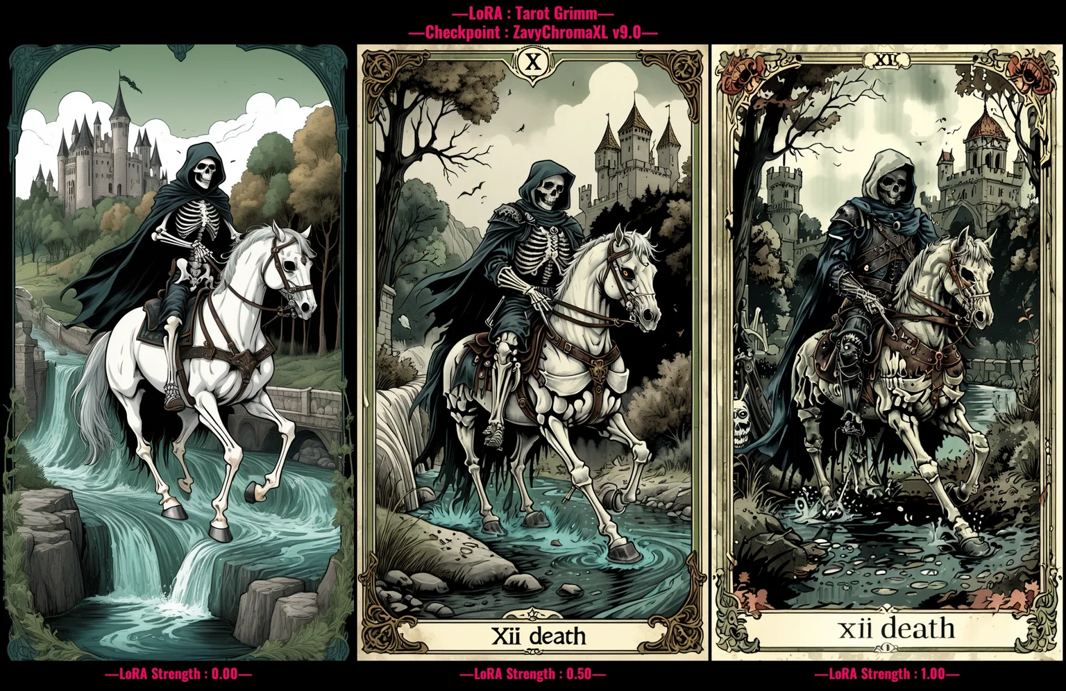 tarot card illustration, grimdark, richly detailed, "XIII Death" written,  grim reaper dressed in black armor riding a white horse, skeleton, in motion, banner, castle-like structure with river flowing beneath, flowing through a landscape that includes trees and a bridge, dead man on the ground, color palette dominated by shades of green, brown, and blue, creating a natural and earthy atmosphere. <lora:art_style\xl_Tarot_Grimm>