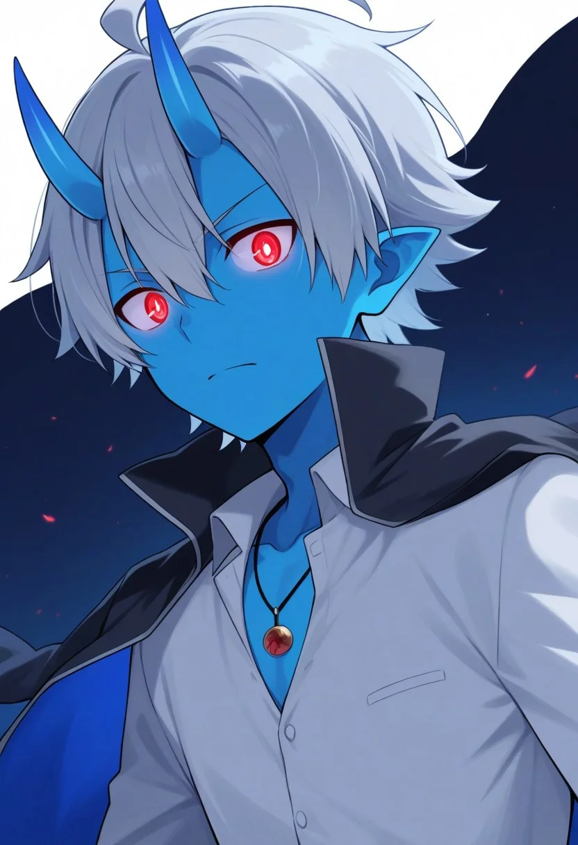 score_9, score_8_up, score_7_up, source_anime, highly detailed,
Hikigaya Hachiman,
hachi, 1boy, colored skin, deep blue skin, school uniform, male focus, ahoge, straight horns, icyy-white hair, Oni horns, glowing eyes, white shirt, jewelry, necklace, jacket on shoulders, popped collar,
BREAK