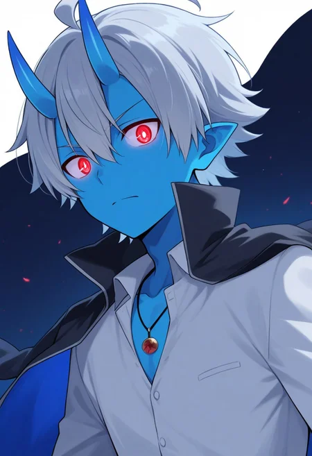 score_9, score_8_up, score_7_up, source_anime, highly detailed,
Hikigaya Hachiman,
hachi, 1boy, colored skin, deep blue skin, school uniform, male focus, ahoge, straight horns, icyy-white hair, Oni horns, glowing eyes, white shirt, jewelry, necklace, jacket on shoulders, popped collar,
BREAK
