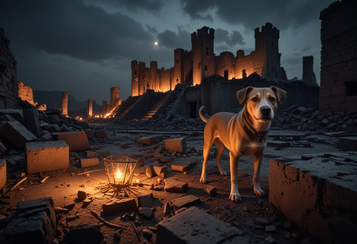 (medium full shot) of (long shot , wide angle view) of lost dog setting traps, detailed face, located in a ruined world at a decayed fortress during night with polluted weather, illuminated by glowing embers, creating a bleak atmosphere, Masterpiece,best quality, photo, realistic, very aesthetic,