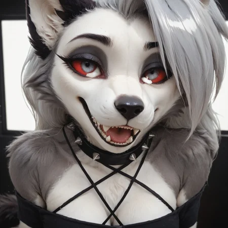 female, furry, loona_helluva_boss, wolf, anthro, solo, seductive look, lidded eyes, realistic proportions, headshot, mawshot, sharp teeth, seductive smile, smug, fluffy fur, detailed fur, beautiful photo, close up, masterpiece, high quality, score_9, score_8_up, score_7_up, score_6_up, score_5_up, source_furry, colored sclera