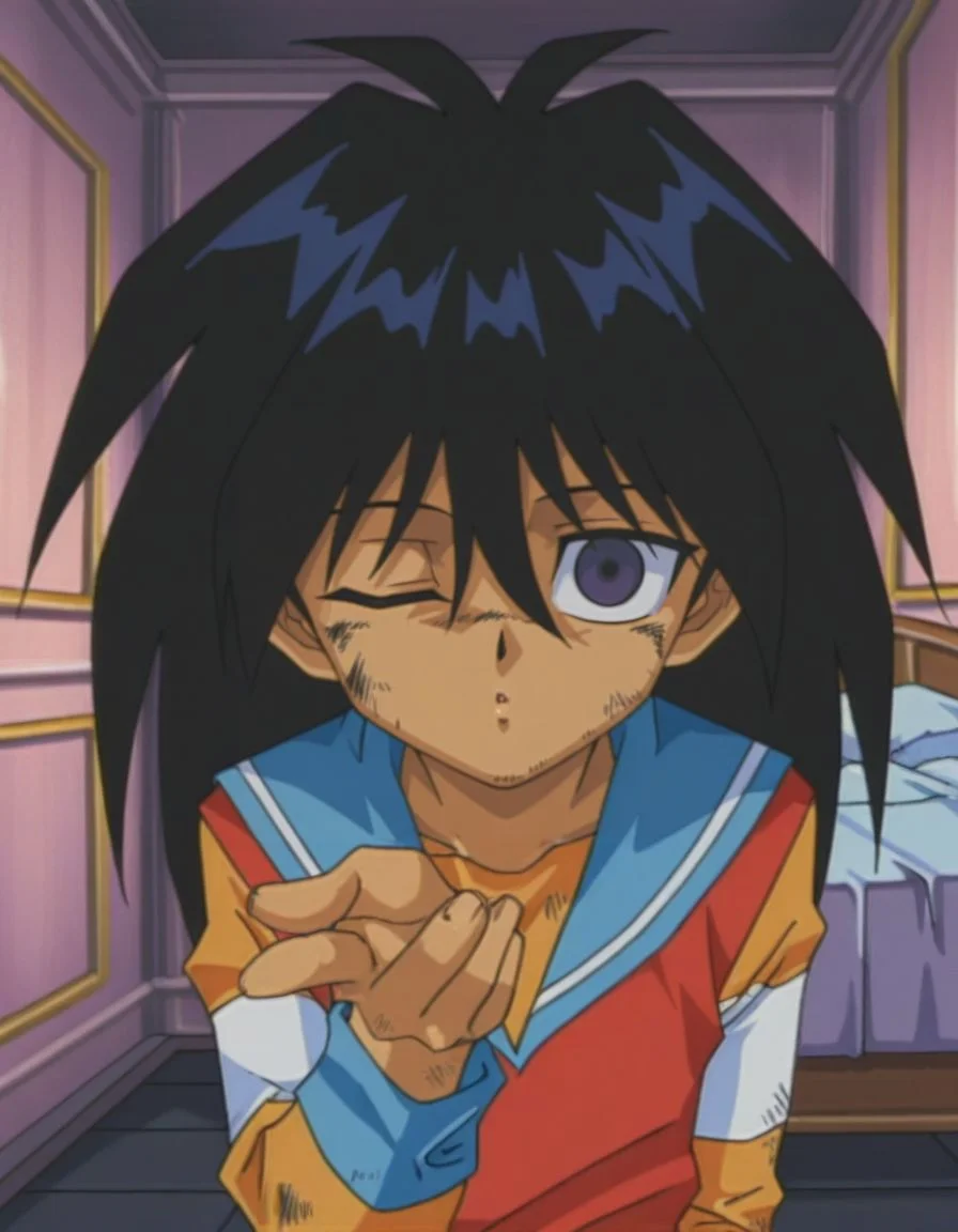 masterpiece, best quality, male focus, bedroom, (sailor:1.2), solo,dirty, looking at viewer, blowing kiss, one eye closed, 
<lora:Mind_Controlled_Mokuba_1:0.9>, m0ku, 1boy, black hair, long hair, purple eyes, retro artsyle, 1990s (style), hair between eyes, male child, empty eyes,
