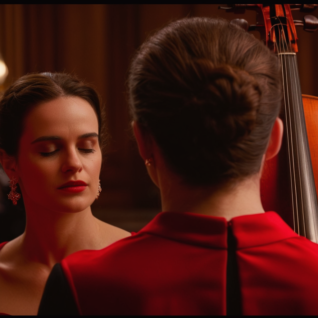 cinematic film still of  <lora:Split Diopter style:1>
Split image focus of closeup of a man's back head is looking at a woman in a red dress playing a cello,Split Diopter style,1girl,solo,short hair,brown hair,black hair,dress,jewelry,closed eyes,red dress,instrument,music,playing instrument,violin,bow (music),nearsighted,farsighted,split,split focus,focus,sharp focus,deep focus,Split focus,split screen , artistic, Kodak, dramatic light, dramatic shadow light, contrast, saturated color, cinematic, filmic, motion picture, realistic, realism, perfection, perfect, deep focus, clean image, wide screen, detailed image, cinematic, deep space composition, shallow depth of field, vignette, highly detailed, high budget, bokeh, cinemascope, moody, epic, gorgeous, film grain, grainy