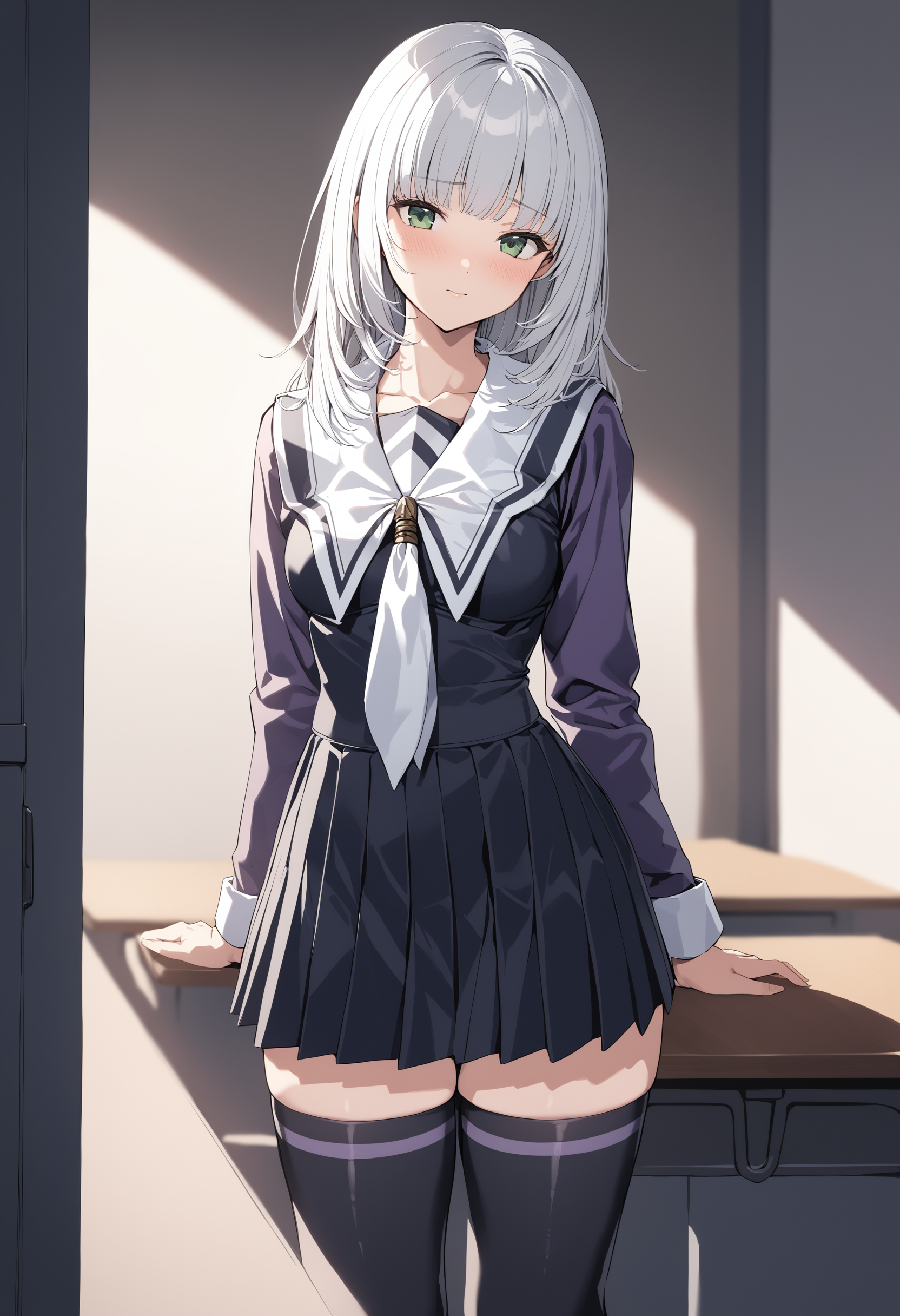 1girl,medium breasts,white hair, green eyes, very long hair,
<lora:isXLv1:0.8>,i''s,solo, school uniform, serafuku,black legwear, zettai ryouiki, white sailor collar,long sleeves,
masterpiece,best quality,medium quality,