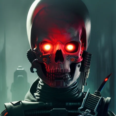 Cute girl, Threatening, cyber, punk, skull, Warhammer 40k, midjourney-style