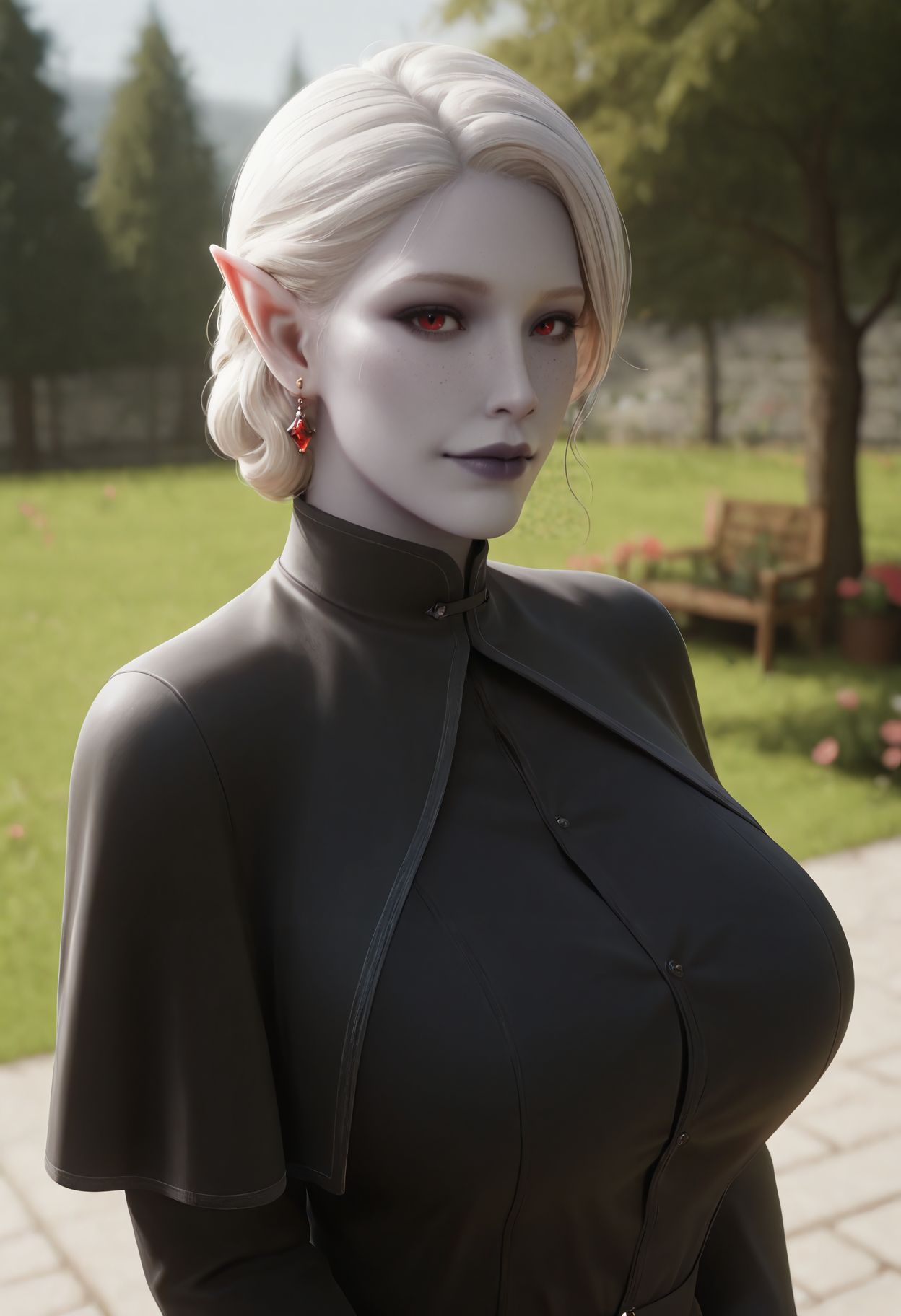 masterpiece,best quality,amazing quality,nyl style,realistic,  BREAK <lora:nyl_style_ilxl_goofy:1>
pointy ears, vampire, 1girl, looking at viewer, blurry background,  colored skin, outdoors, elf, tree, earrings, upper body, pale skin, jewelry, black capelet, freckles, mature female, large breasts, garden,