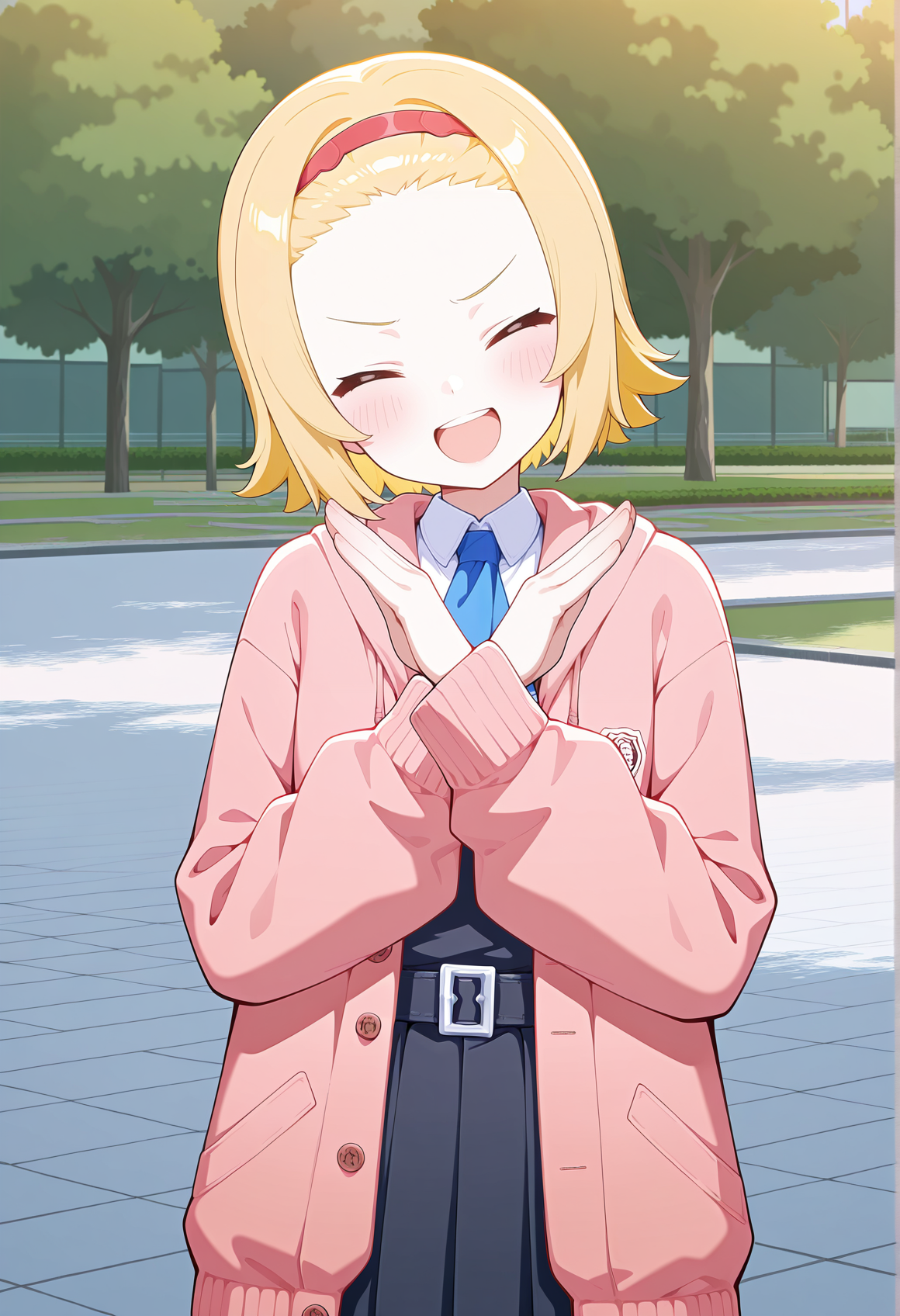 1girl, blonde hair, short hair, XD, closed eyes, forehead, hairband, school uniform, vest, ascot, belt, pleated skirt, pink hoodie, open hoodie, cowboy shot, outdoors, park, (x arms:1.4), laughing, head tilt <lora:ellens_friends:1>, masterpiece, best quality, amazing quality, very aesthetic, absurdres, highres, newest