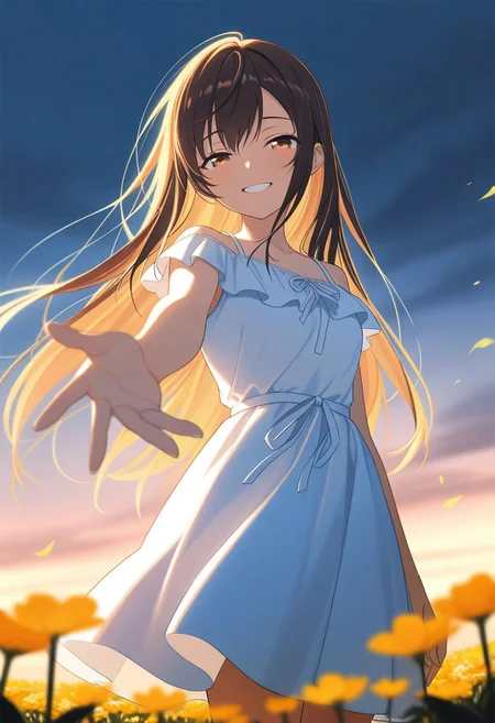 masterpiece, best quality, high quality, high details, source_anime, score_9, score_8_up, score_7_up, extremely detailed,
cheerful girl reaching her hand towards the viewer, fingers pointed at the camera, hand in sharp focus, face softly blurred in the background, smiling expression barely visible, bright summer dress, hair flowing in the wind, standing in a sunny field with flowers, cinematic lighting, shallow depth of field, soft warm tones, close-up on hand, dynamic perspective from slightly below