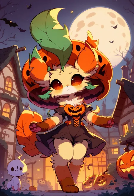 score_9,score_8_up,score_7_up, 1girl, pokemon creature, no humans, feral, furry, leafeon, halloween costume, house with halloween decoration, halloween, big moon on sky, moon with skull face, MegaFluffyPony, furry, fluffy