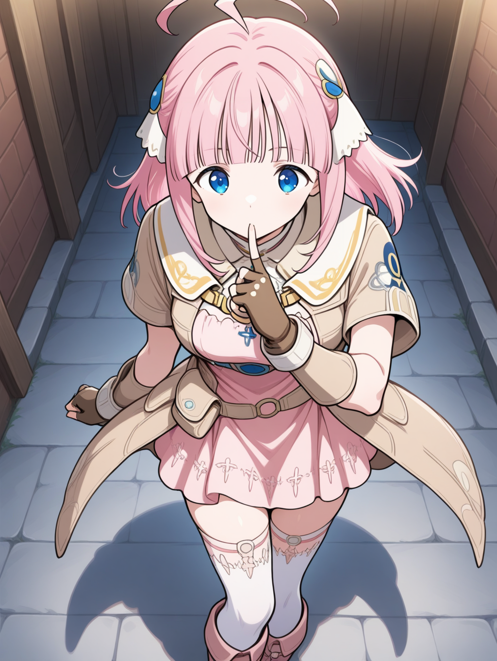 perfect quality,best quality,absolutely eye-catching,ambient occlusion,raytracing BREAK
1girl,<lora:miki IL v1.1_1:0.9>,miki,pink hair,medium hair,blunt bangs,blue eyes,hair ornament,brown coat,short sleeves,pink dress,short dress,bracers,fingerless gloves,brown gloves,white thighhighs,boots,, straight-on,face_focus,arched_back,hair_twirling,hand_to_mouth,high_kick,