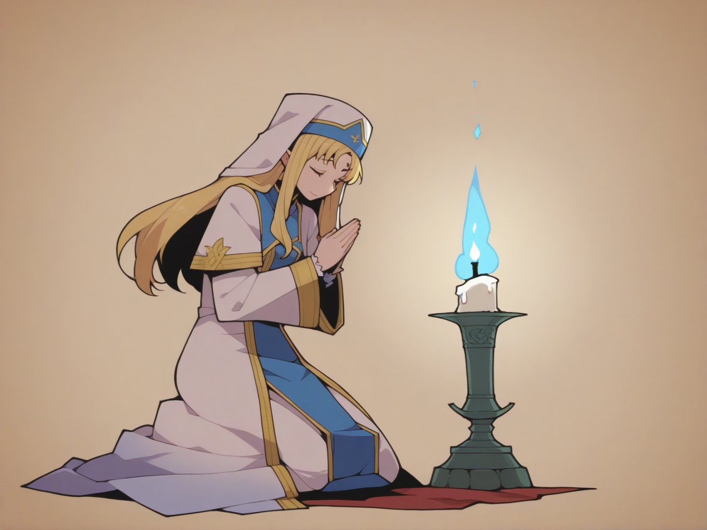 1girl, elf, priestess, 
kneeling in candlelight, elf priestess prays to forbidden gods  
1girl, elf, priestess, fantasy setting, kneeling, candlelight, praying, robe  
 <lora:DarkfireStyle19v2:0.85>