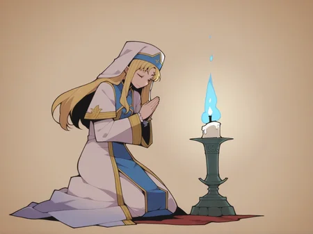 1girl, elf, priestess,
kneeling in candlelight, elf priestess prays to forbidden gods
1girl, elf, priestess, fantasy setting, kneeling, candlelight, praying, robe
<lora:DarkfireStyle19v2:0.85>