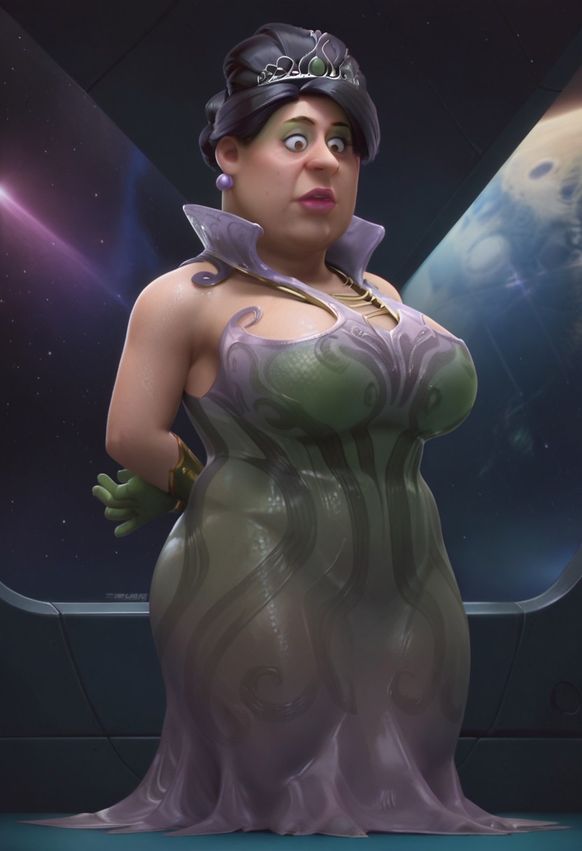 Score_9_up, score_8_up, score_7_up, BREAK 1girl, solo, dotrdo, brown eyes, exotic dress, tiara, gloves, makeup, black hair, large breasts, cleavage, hands behind back, spaceship, cowboy shot