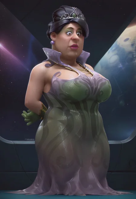 Score_9_up, score_8_up, score_7_up, BREAK 1girl, solo, dotrdo, brown eyes, exotic dress, tiara, gloves, makeup, black hair, large breasts, cleavage, hands behind back, spaceship, cowboy shot