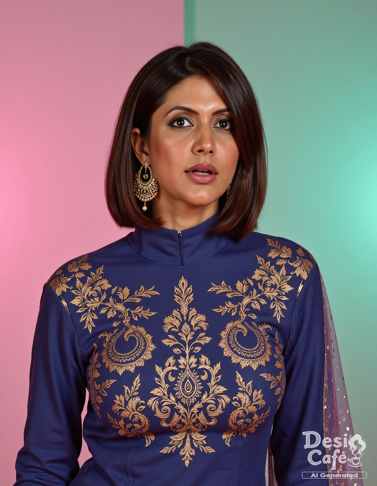 cowboy shot photo of m4nd1r4 b3d1 woman, hyper realistic photo that is safe for work, mouth open in surprise, studio quality image with natural colors, well dressed wearing intricate turtleneck Indigo Ghagra Choli, hair styled as  bob,muted pastel shaded multicolored background that contrasts with the person, cinematic lighting,âââââ   <lora:m4nd1r4_b3d1_Mandira_Bedi_Flux_Kohya_V1:0.9>âââ