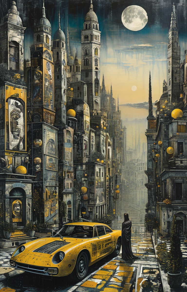 masterpiece,best quality,<lora:tbh150-sdxl:0.9>,style of Piero Fornasetti, cyberpunk city