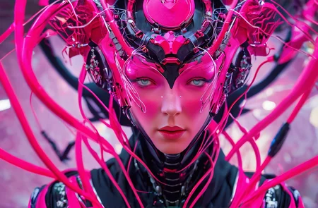 concept art FN Concept, Concept map, cyber technology, ultra high definition face, describe this image in a very detailed manner. a woman with a contemplative expression is adorned in a futuristic red and black costume, featuring a complex helmet with a pink visor and a series of red and black wires. her face is painted in a striking pink and white pattern, with a subtle sparkle, suggesting a high-tech or cybernetic theme. the costume's detailed design and the woman's thoughtful demeanor evoke a sense of advanced technology and a deep connection with the digital world.<lora:FN_concept-000009:1>, . digital artwork, illustrative, painterly, matte painting, highly detailed