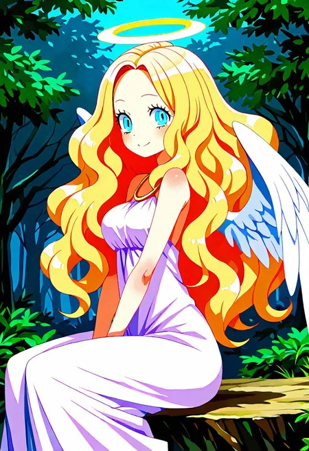 masterpiece, best quality, 1girl, solo, eyelashes, (beautiful eyes),    1girl, solo, blonde hair, wavy hair, angel, angel wings, halo, smile, sitting, forest, white dress, smile, looking at viewer, cowboy shot,    ,
