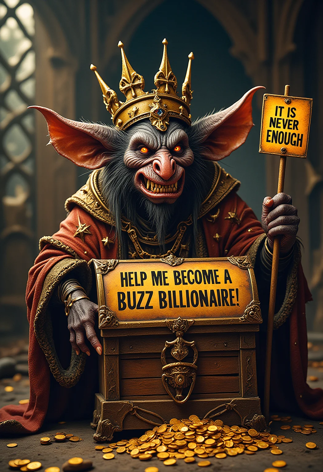 realistic scenery, ultra high quality, very detailed, a wealthy Skaven merchant sits in front of his treasure chest with a sign attached to it with text "HELP ME BECOME A BUZZ BILLIONAIRE!", wearing a golden crown, grim and greedy smile, coins on the ground, holding a second sign with text "IT IS NEVER ENOUGH" <lora:RPGv6-itr10>