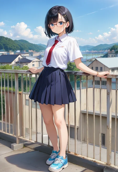 score_9, score_8_up, score_7_up, rating_safe, masterpiece, best quality, absurdres, unity 8k wallpaper, official art, official style, source_anime, uncensored, game cg, megami magazine,
1girl, glasses, collared shirt, red necktie, pleated skirt, blue skirt, blush,short sleeves, sneakers, standing
okujyou, outdoors, sky, short hair, black hair, blue sky, day, scenery, railing, fence, power lines, photo background
<lora:gakkou_okujyo_PONY_V1:1>