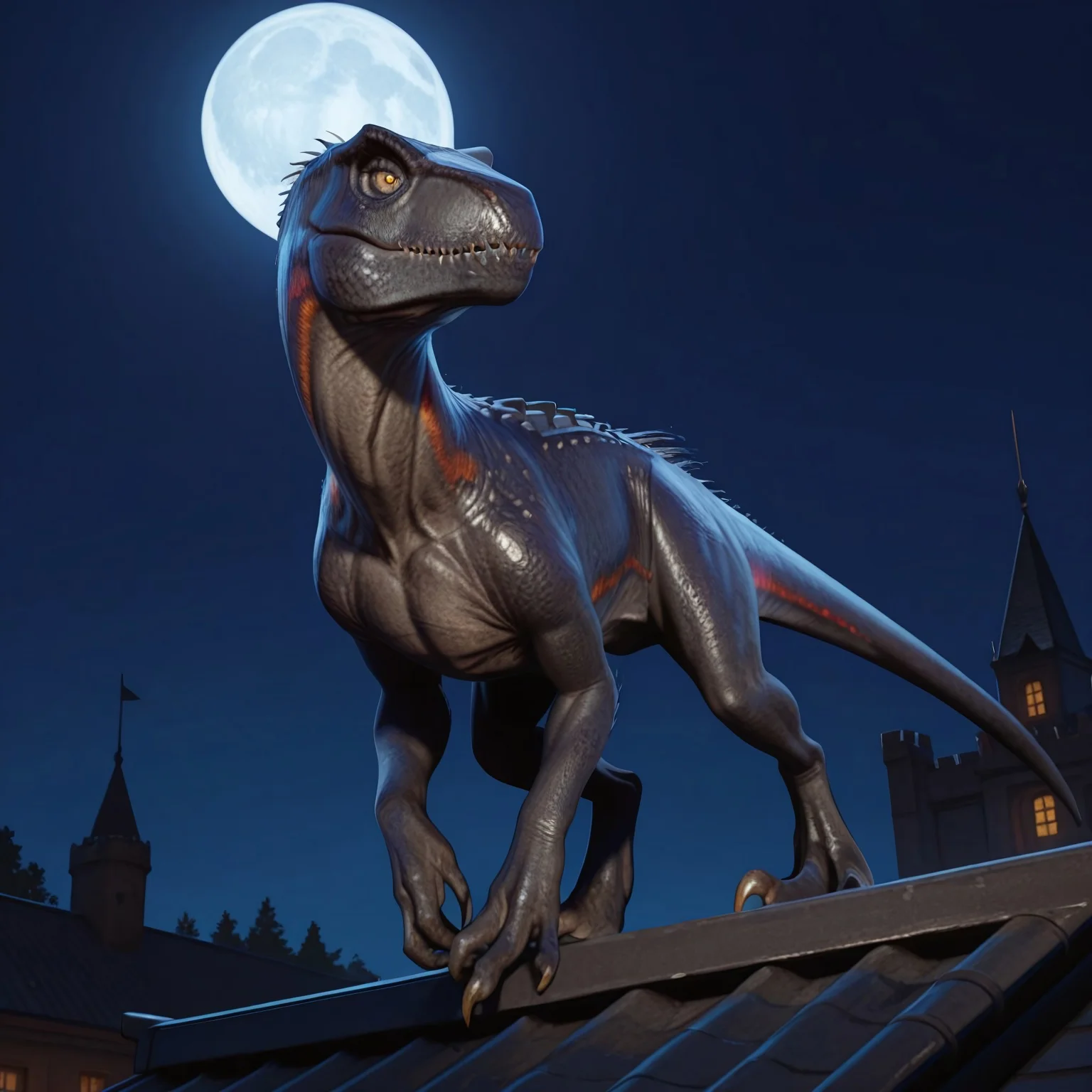 safe_pos, 1boy, highres, absurdres, newest, masterpiece, best quality, furry, raptor, scales, tail, claws, indoraptor, dinosaur, black body, claws, raptor leg, long arms, yellow eyes, standing, seductive look, detailed eyes, bright room, day scene, professional lighting, solo, seductive, looking_at_viewer, masterpiece, close up, explicit, on the roof of the castle, night, moon, feral