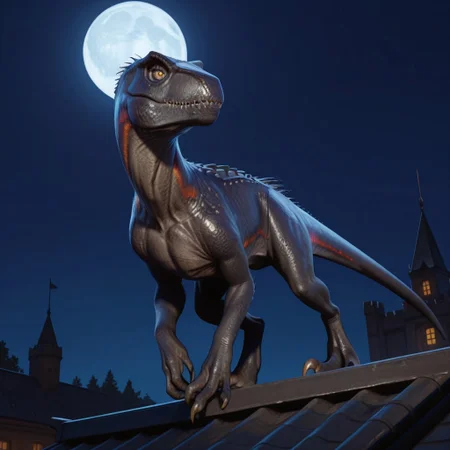 safe_pos, 1boy, highres, absurdres, newest, masterpiece, best quality, furry, raptor, scales, tail, claws, indoraptor, dinosaur, black body, claws, raptor leg, long arms, yellow eyes, standing, seductive look, detailed eyes, bright room, day scene, professional lighting, solo, seductive, looking_at_viewer, masterpiece, close up, explicit, on the roof of the castle, night, moon, feral
