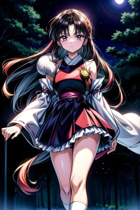 masterpiece, best quality 1girl Setsun4 solo long hair, (night time) forest background black hair very long hair purple eyes multicolored hair armor (fur trim) (medium body),<lora:EMS-179-EMS:0.800000>,<lora:EMS-293862-EMS:0.800000>ascot, bare shoulders, black footwear, detached sleeves, embellished costume, frills, japanese clothes, nontraditional miko, red skirt, sandals, sarashi, skirt, socks, white sleeves, white socks, wide sleeves, yellow ascot, zouri, armor, miko