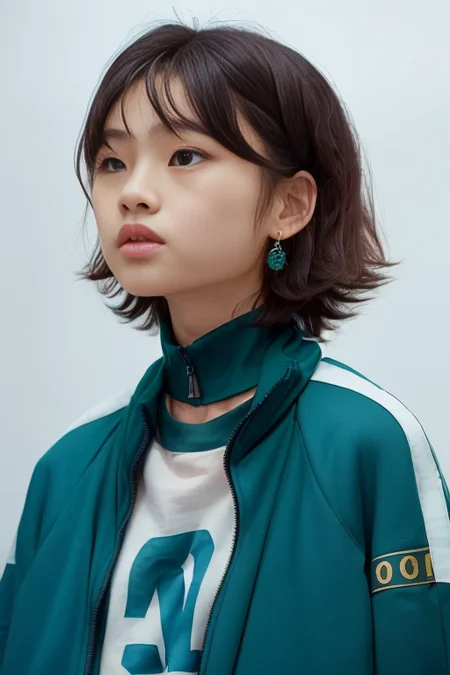 <lora:squidGame_v10:0.8>, (1girl), (best quality), (masterpiece), (high resolution), (intricate details), (photorealistic), (cinematic light) solo,jacket,blurry background, realistic, shirt, jacket, v, portrait, double v, blurry, black (green and blue jacket), (messy hair), (skin spots), (ultimate skin texture:0.5), hair, short hair, simple background, brown hair, teeth, closed mouth, open jacket, lips, looking at viewer, parted lips, male focus, white shirt, blurry background, blue eyes, open clothes, smile, , black eyes, track jacket, freckles, looking back, upper body, orange background, long sleeves, yellow background, nose, bangs, pants, turtleneck, indoors, close-up, solo focus, open mouth, plaid, looking up, outdoors, depth of field, looking to the side, brown eyes, black shirt, blue hair, looking away, print shirt, jewelry, white background, striped shirt, earrings, mole, reference inset, day, sun shining, shiny skin, sun flare,