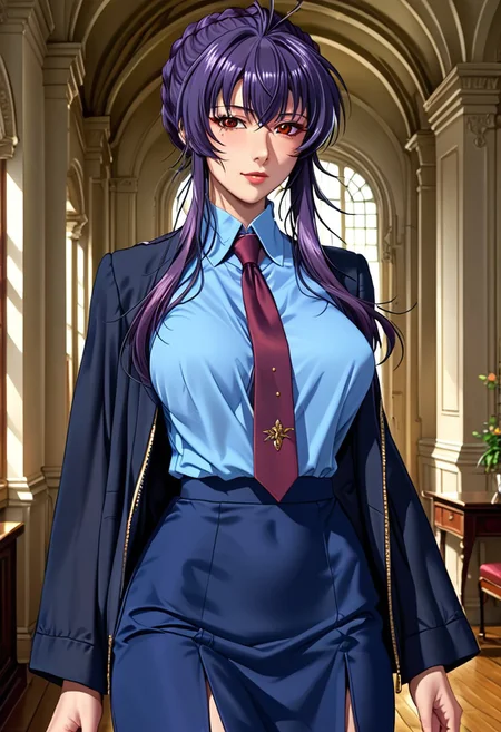 score_9, score_8_up, score_7_up, source_anime, highly detailed,
1 girl, 30 years old, beautiful woman,
sakurai sawa, purple hair, mature female, long sidelocks, braided bun, red eyes, large breasts,
blue shirt, black jacket, black skirt, necktie, stockings.
class room, standing,
textured skin, beautiful, from front,