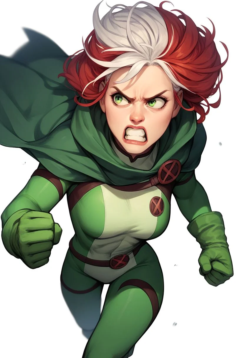 dskrge_xm3n, 1girl, red hair, green eyes, green bodysuit, cape, clenched hands, clenched teeth, gloves, green gloves, hood, running, simple background, solo, white striped bodysuit, open mouth, white background, white hair, score_9, score_8_up, score_7_up, score_6_up, score_5_up, score_4_up,