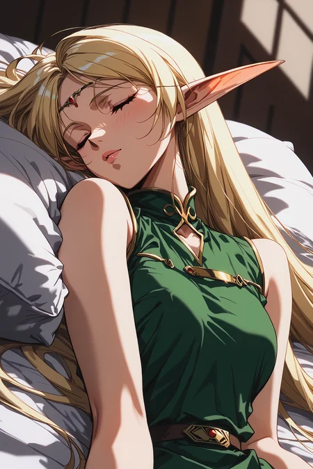 score_9, score_8, score_7, score_6_up, score_5_up,
deedlit, green tunic, gold choker, short tunic,
1girl, long hair, blonde, elf, sleeveless,
beautiful face, 24 years old,
closed eyes,
bangs,
record of lodoss war,
upper body,
bed sheet, sleeping,
<lora:Degen_Deedlit_v1:0.55>, <lora:TOO_NobuteruYuuki_v3B_PonyXL:0.55>, <lora:PirotessXLpony001:0.3>, <lora:Urushihara Satoshi_XL_PONY_V2:0.4>, <lora:Sinozick_Style_XL_Pony:0.2>, <lora:DefaultZ17:0.2>, <lora:style1:0.2>, <lora:pixivtext2:0.2>,