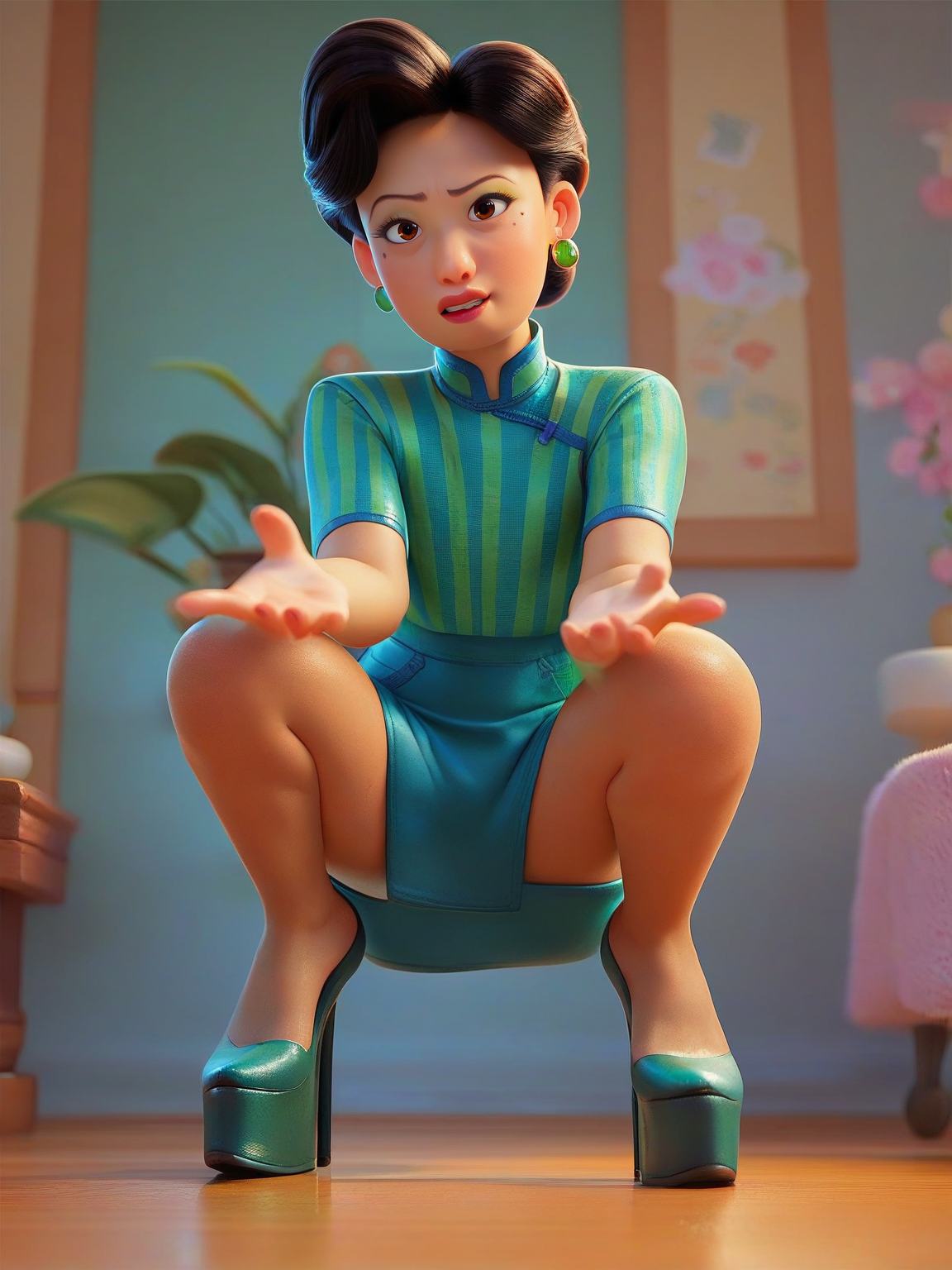 <lora:Ming Lee:0.8> m_l, 1girl, asian, bun black hair, wrinkles, brown eyes, mole under the eye,     looking at viewer, squatting, front view, spreading legs, platform heels, score_9, score_8_up, score_7_up,