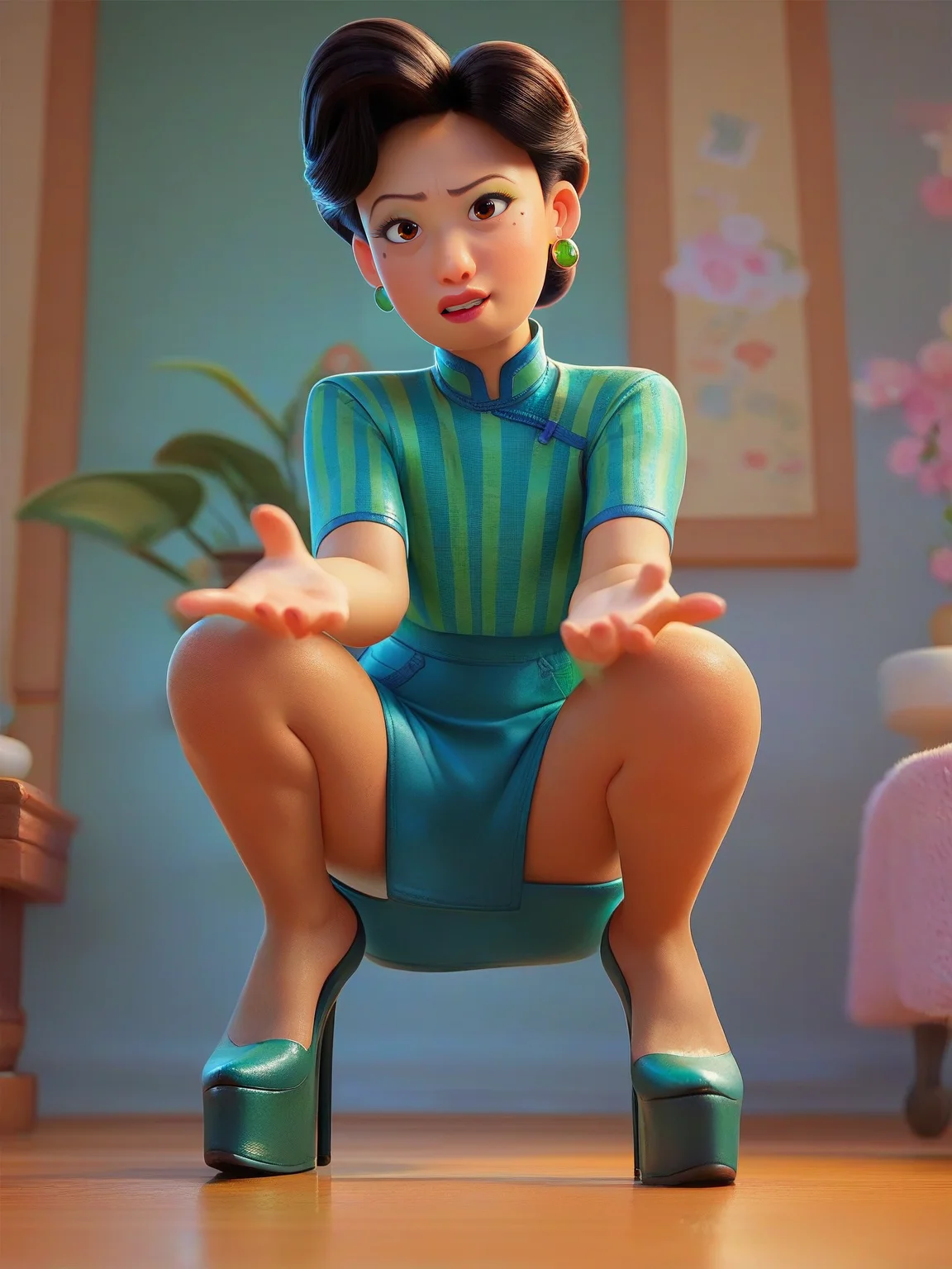 <lora:Ming Lee:0.8> m_l, 1girl, asian, bun black hair, wrinkles, brown eyes, mole under the eye, looking at viewer, squatting, front view, spreading legs, platform heels, score_9, score_8_up, score_7_up,