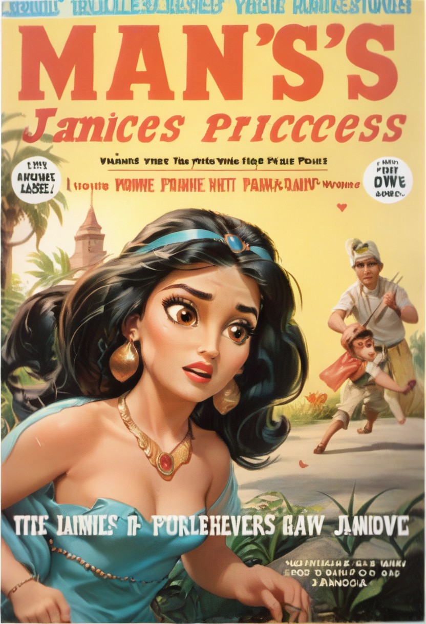 1girl, <lora:Mens_Adventure_Covers:1> <lora:princess_pony_v1:0.5>4dventur3c0v3r, magazine cover, english text, jasmine, princess, score_9, score_8_up, score_7_up, BREAK
