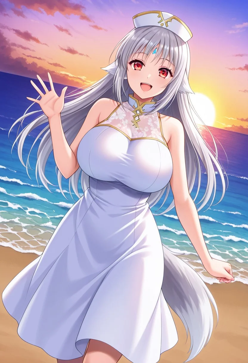 general,highres, ultra-detailed,very aesthetic,best quality ,best hands,best eyes,easynegative,
dynamic anglre, dutch angle, anime cloring,
1girl solo,looking at viewer,outdoors,walking, waving hand, smile,open mouth, sea,beach,
Nanashi,grey hair, long_hair, red eyes, huge_breasts,wolf tail,hat,white bare shoulders dress,