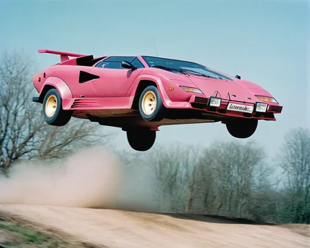 analog film photo car rally magazine photograph of a pink lamborghini countach (((rally car))) jumping, big air time, rally jump, action motion blur dust LP5000 <lora:add-detail-xl:2> <lora:LP5000-SDXL-V1.2:1>, (big offroad lights at the roof:1.2), hella flood lights, searchlights on roof, . faded film, desaturated, 35mm photo, grainy, vignette, vintage, Kodachrome, Lomography, stained, highly detailed, found footage