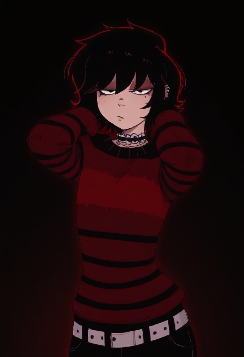 score_7, score_8, score_9, dynamic lighting, detailed background, living room
BREAK 
Solo, mike owm, mikey, 1boy, short hair, flat chest,long torso, very long legs, curvy legs, big hips, hourglass figure, toned body, fit body, toned ass
BREAK
<lora:emo-fashion-ponyxl-lora-nochekaiser:1>, emo fashion, torn sweater, two-tone sweater, sweater under shirt, striped sweater, lace-trimmed choker, belt chain, red sweater, black sweater, goth fashion, hands behind neck, half closed eyes, plain background, glowing red round on background, upper body