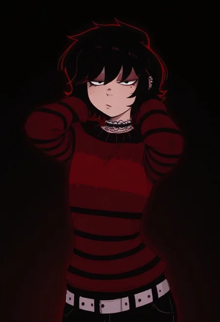 score_7, score_8, score_9, dynamic lighting, detailed background, living room
BREAK
Solo, mike owm, mikey, 1boy, short hair, flat chest,long torso, very long legs, curvy legs, big hips, hourglass figure, toned body, fit body, toned ass
BREAK
<lora:emo-fashion-ponyxl-lora-nochekaiser:1>, emo fashion, torn sweater, two-tone sweater, sweater under shirt, striped sweater, lace-trimmed choker, belt chain, red sweater, black sweater, goth fashion, hands behind neck, half closed eyes, plain background, glowing red round on background, upper body