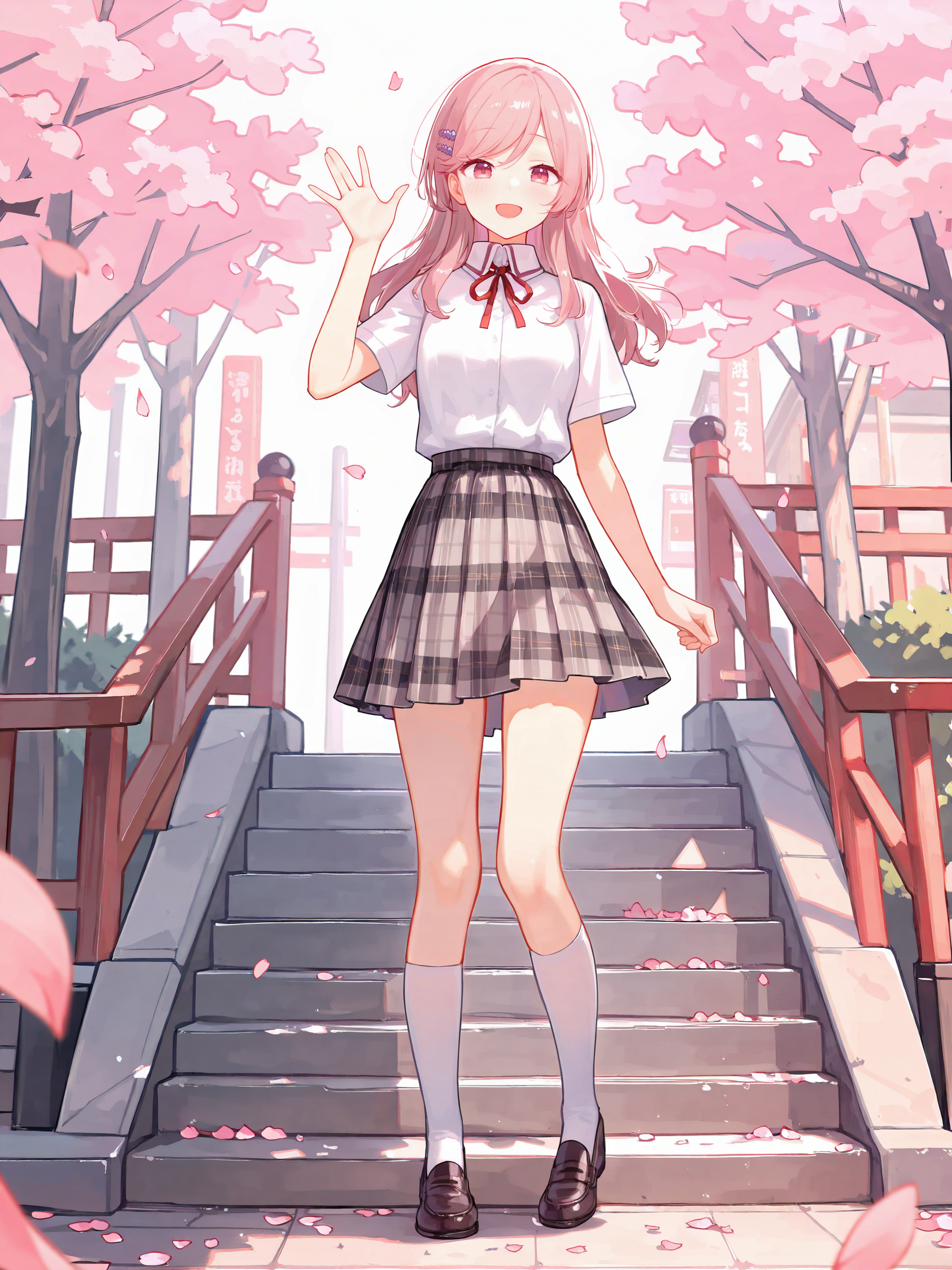 1girl, sena ajisai, hairclip, solo, school uniform, pleated skirt, plaid skirt, white collared shirt, neck ribbon, loafers, white kneehighs, waving, looking at viewer, smile, open mouth, standing, full body, outdoors, street, cherry blossoms, petals, depth of field , <lora:Char-Sena_Ajisai-V1-IL:0.9>
masterpiece, best quality, amazing quality, very aesthetic, absurdres, (ask \(askzy\), hiten \(hitenkei\):0.7), perfect features, intricate details, ray tracing, <lora:XL-aesthetic_anime:1:hr=0.1>, <lora:XL-detailed_notrigger:1:hr=0.5>