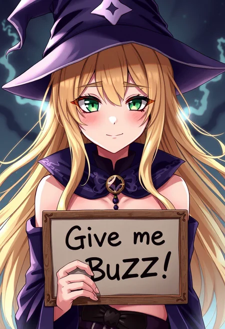 score_4,score_5,score_6,score_7_up,score_8_up,score_9 ((masterpiece,best quality,ultra detailed,highres,HD,4k:1.2)), 
1 girl,solo,face focus,
dark_magician_girl,blonde_hair,duel_monster,1girl,long_hair,green_eyes,bare_shoulders,wizard_hat,large_breasts,cleavage,hair_between_eyes, 
(("Give me Buzz.",Beggars Borad,Holding a sign, holding a sign that says, "Give me Buzz."))
wink,happy,blush, looking at viewer, smile,