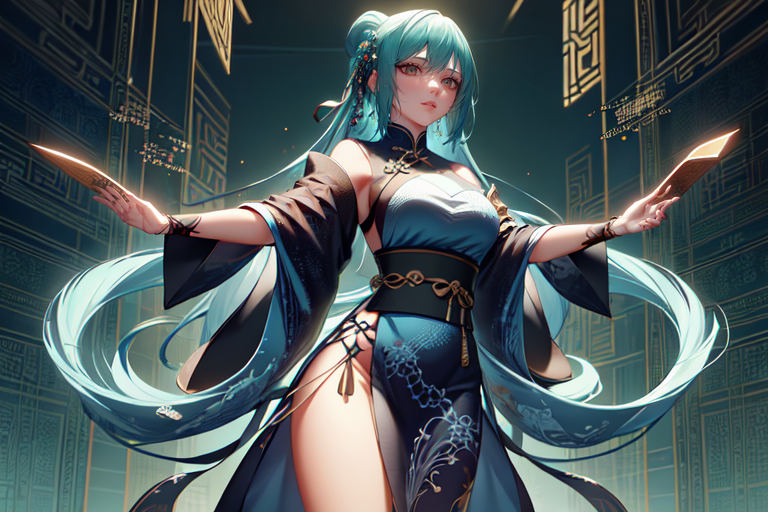 highly insanely detailed, masterpiece, top quality, best quality, highres, 4k, 8k, RAW photo, (very aesthetic, beautiful and aesthetic),  
(code_style,codestyle),traditional chinese text,english text,japanese text,(sympattern,geometric pattern), 
<lora:CodeStyle (half generic class)_564920:0.7>, 
(1girl:1.3), 1other, 
turquoise background,âââ