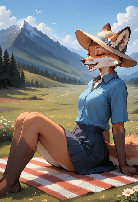 score_9, score_8_up, score_7_up, easynegative, EyesHD, realistic style, detailed face, 1girl, Lyssa, fox girl, (anthro fox girl: 1.2), sitting on a pillow, on a picnic blanket, on top of a hill, mountains in distance, wind, gentle clouds, flowers, bird in distance, outdoors, leaning back, close up, from side, from front, skirt, hat, blue shirt, laughing, eyes closed, mouth open, hand up,