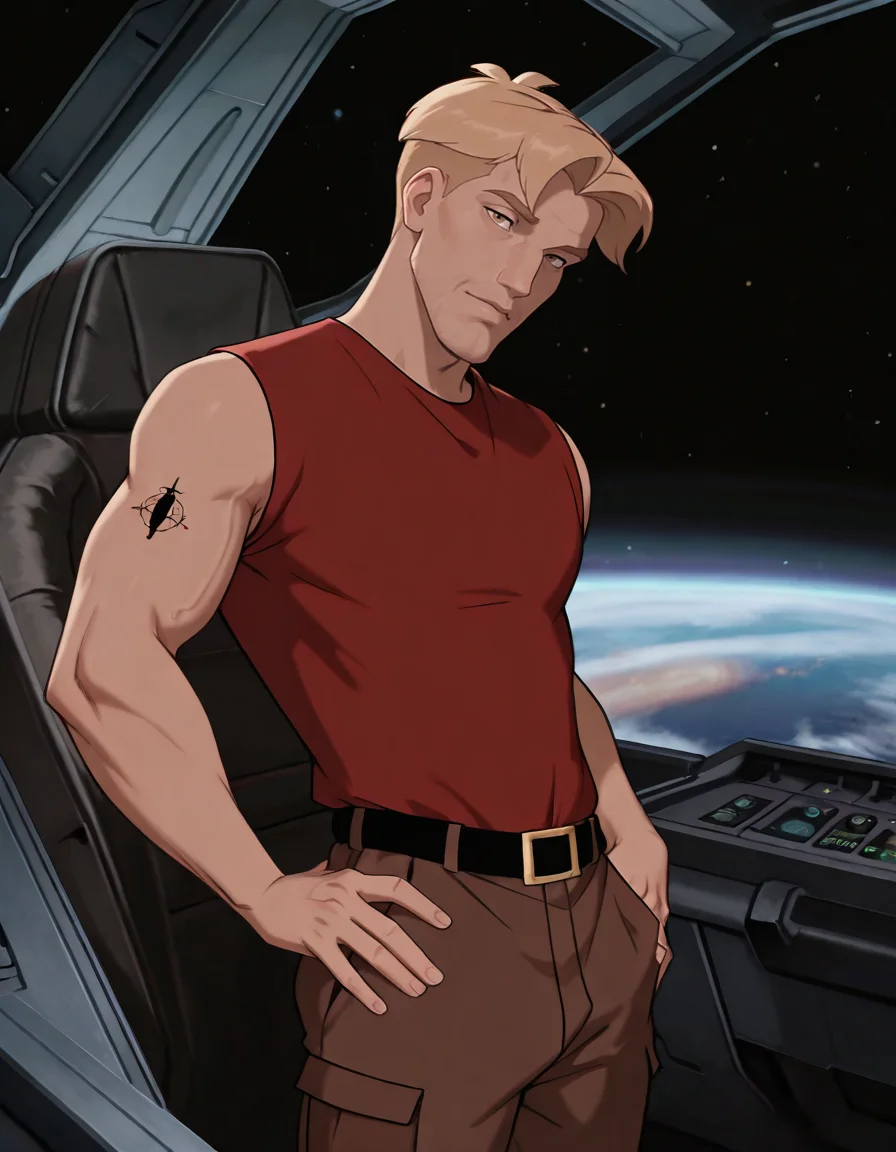 masterpiece, best quality, newest, perfect quality, best quality, detailed background, male focus, animated, <lora:Titan AE - Cale Tucker - Illustrious-000007:0.7>, titan_cale, 1boy, mature male, blonde hair, very short hair, hazel eyes, arm tattoo, red sleeveless shirt, belt, spacecraft interior, cockpit, space, standing, hand on own hip, head tilt, looking at viewer