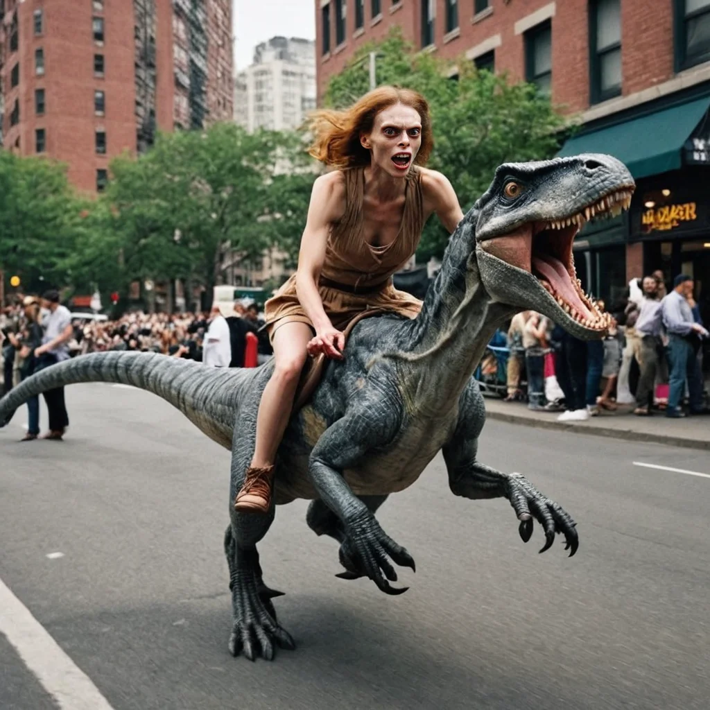 <lora:Supermodel_Helga:1> a close-up photo of a crazy drunk woman riding on a live velociraptor dinosaur, galloping at high speed in a busy public street in New York City, snarling at the viewer