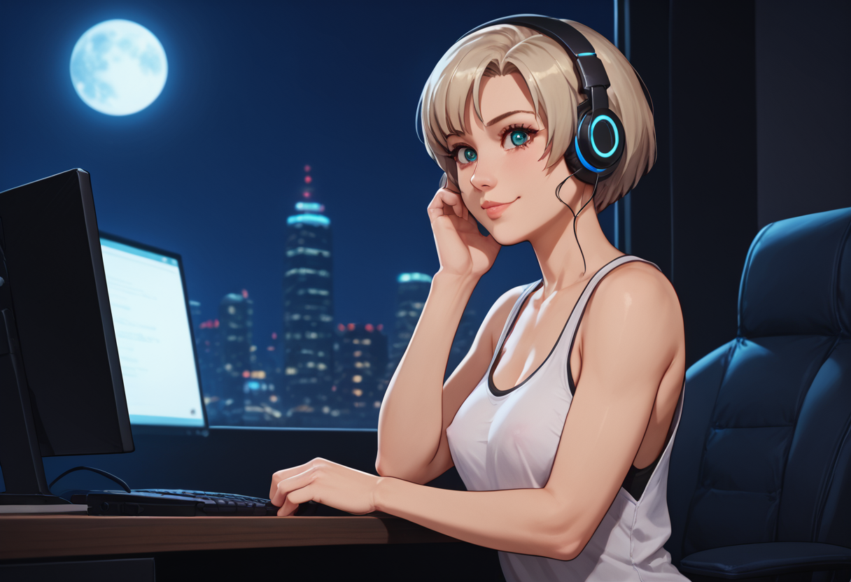 score_9, score_8_up, score_7_up, score_6_up, <lora:bouncy_pony:0.5>, contrast of cool dark background with warm bright foreground, full color, night, moon light, volumetric moonlight, depth of field
cyberpunk Aesthetic, modern bedroom Aesthetic, Blurry Background, neo-Tokyo city view, stary night, full moon, light rays, beautiful natural lighting, glow, light,
<lora:Nene_Romanova_-_Bubblegum_Crisis_Tokyo_2040:1>, Nene, loose tank top, white underware,
{petite body, athletic body, medium breasts, perfect round firm tits, medium round perfect tits, (medium Breasts:0.8), long legs, perfect anatomy, perfect face, perfect nose, detailed eyes, beautiful eyes, perfect eyes, perfect breasts, anatomically correct hands:1.3},
light smile, cute, side view, from side,
lofi girl style, sitting behind a desk, sitting at desk, in front of a computer, headphones, eyes looking at computer screen, lofi girl \(youtube\), zoom out,