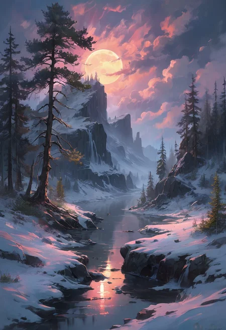 Under the eerie glow of a full moon,a dark and ominous landscape unfolds. A vibrant, colorful pine stands by the edge of a serene lake,its vivid hues contrasting starkly with the foreboding atmosphere. In the background,a waterfall cascades down jagged rocks,the water glistening in the moonlight. Thick,swirling clouds loom overhead,adding to the sense of an evil presence. winter landscape, aurora borealis, northern lights, The moonlight filters through the clouds,casting an otherworldly glow over the scene. The air is thick with mysticism,as if the very night holds ancient secrets and dark magic.  [romantic impressionism,dream scenery art,beautiful oil matte painting,romantic,style of thomas kinkade,beautiful digital painting,anime landscape,romantic painting,dreamlike digital painting,colorful painting,beautiful gorgeous digital art,style of greg rutkowski,janek sedlar,jenny saville:0]