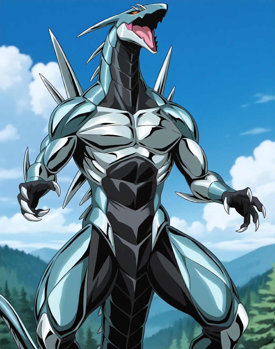 <lora:Metallisaur_(Shinzo)_(Illustrious)_(AD):1.35> Metallisaur, monster, Shinzo, 
((
exterior, vivid anime blue sky with detailed clouds, forest, 
dynamic action, monster, tail, very thick thighs, thick body, male focus, ridged front body, ridged stomach, ridged chest, ridged neck, made of metal, end boss, unstoppable, strong, glossy metal body, made of liquid metal, 
)), 
BREAK: very awe, aesthetically pleasing, masterpiece, best quality, amazing quality, very aesthetic, perfect depth of field shot, 
masterpiece, best quality, amazing quality, very aesthetic, high resolution, ultra-detailed, absurdres, newest, scenery, {Prompt}, BREAK, detailed background, volumetric lighting, 
BREAK: lazympos, lazypos (3),