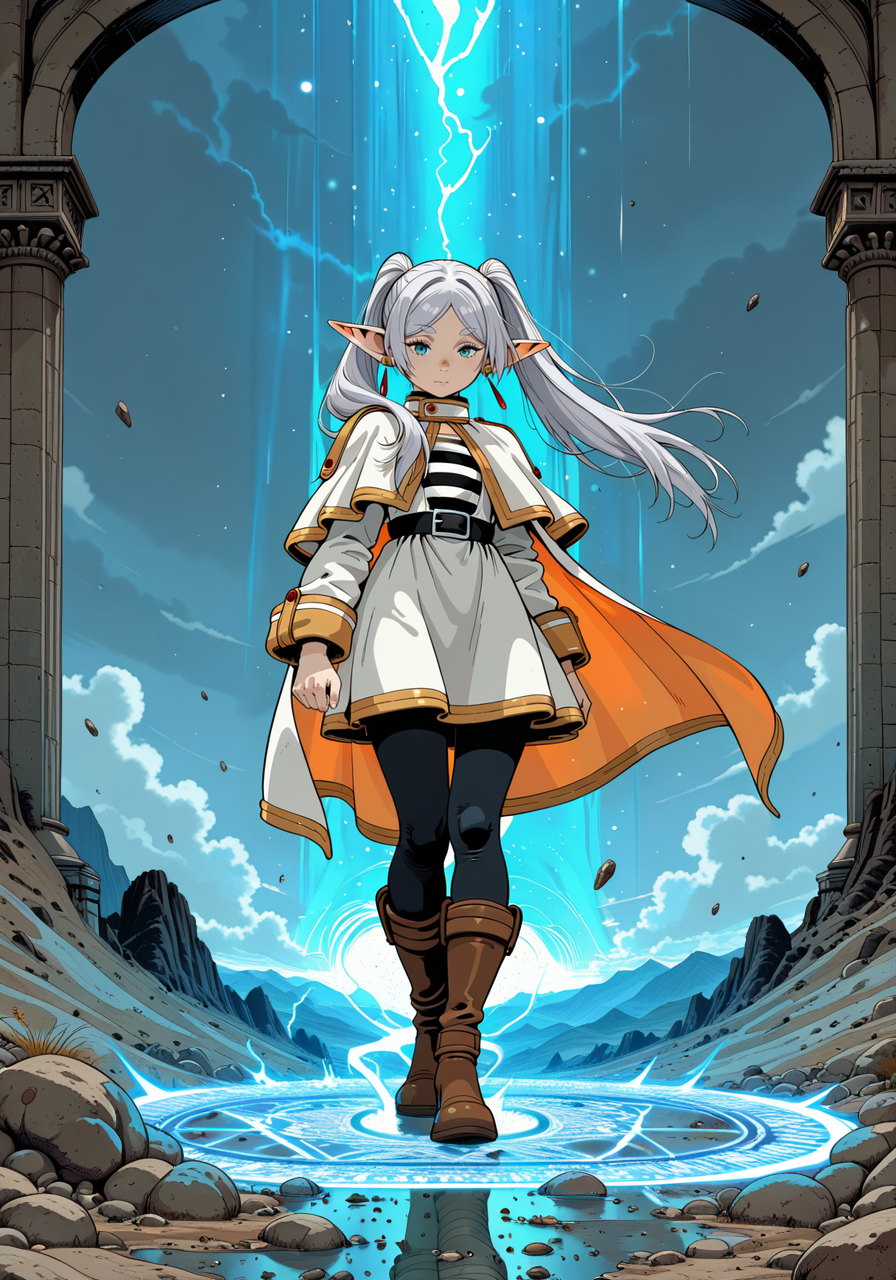 masterpiece, best quality, amazing quality, very aesthetic, absurdres, newest, s0larpunk, frieren_(sousou_no_frieren), 1girl, long_hair, silver_hair, blue_eyes, elf, pointy_ears, anime, fantasy, intricate_clothing, white_and_blue_outfit, cape, high_boots, gloves, dynamic_pose, action_shot, spellcasting, glowing_magic, cinematic_lighting, magic_circle, energy_particles, wind_effects, floating_debris, battle_scene<lora:s0larpunk.safetensors:1.0:1.0>