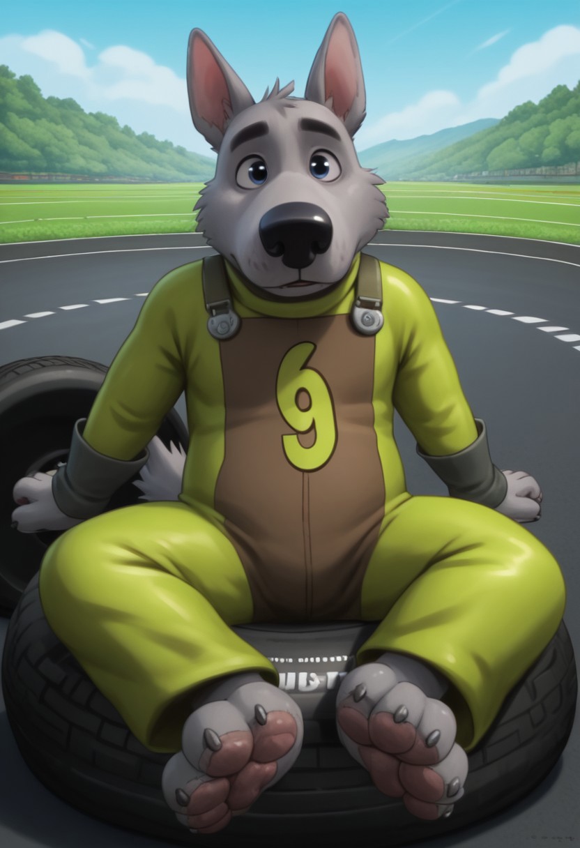 score_9, score_8_up, score_7_up, score_6_up, score_5_up, score_4_up, source_furry
anthro, ((1boy, solo)), Stinkbert, grey fur, big nose, terrier, dog, bodysuit, dirty fur, grey paws, big paws, big toes, poofy pawpads
BREAK
detailed background, raceway pitstop scenery, sitting on tire,