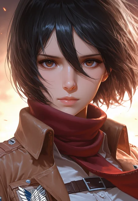 Hype4realistic, 1girl, solo, looking at viewer, short hair, bangs, shirt, black hair, hair between eyes, brown eyes, closed mouth, jacket, white shirt, upper body, artist name, scarf, open jacket, lips, wind, portrait, red scarf, brown jacket, nose, emblem, paradis military uniform, embers, survey corps (emblem), mikasa ackerman, masterpiece, best quality, highly detailed, detailed eyes, beautiful face, female,
